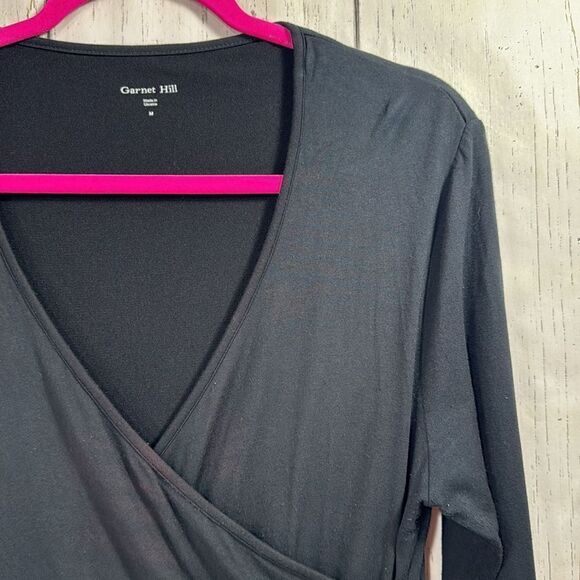 Garnet Hill Black Faux Wrap Dress Quiet Luxury Classic Minimalist 3/4 Sleeve - Picture 4 of 15